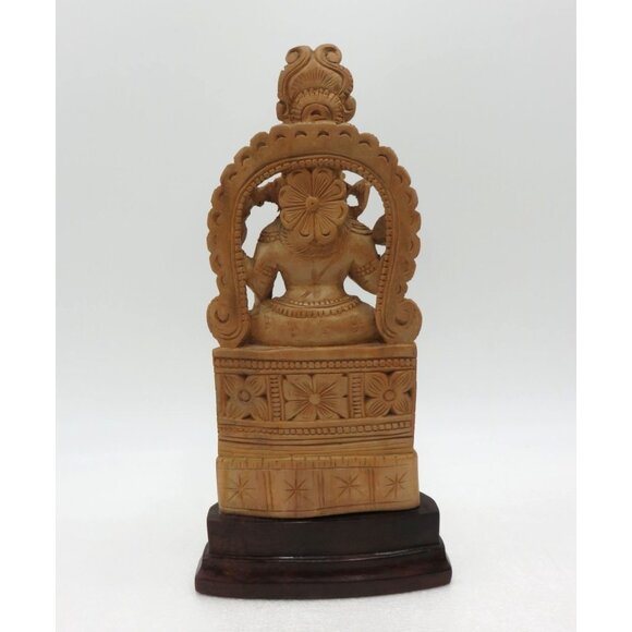 Hand-Carved Wooden Indian Statue With Intricate Detailing and Dark Base 9" Tall - Picture 5 of 11